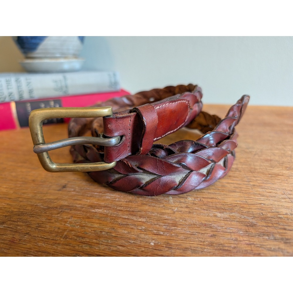 Trafalgar Mens 36 Braided Leather Belt Mahogany Brown Woven Made in Italy Brass